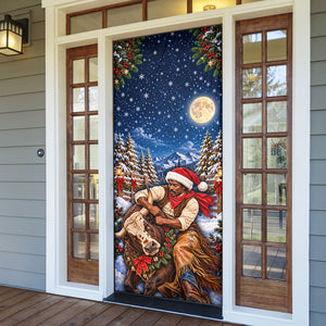 Bill Pickett Christmas Bull Rider Door Cover Snowy Winter Western Rodeo Night Art