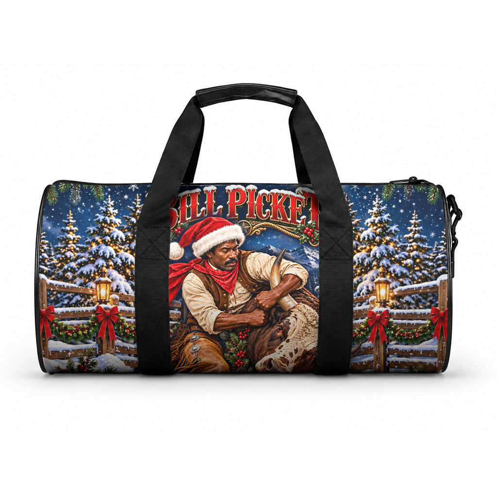 Bill Pickett Christmas Bull Rider Duffle Bag Snowy Winter Western Rodeo Night Art