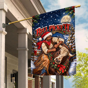 Bill Pickett Christmas Bull Rider Garden Flag Snowy Winter Western Rodeo Night Art