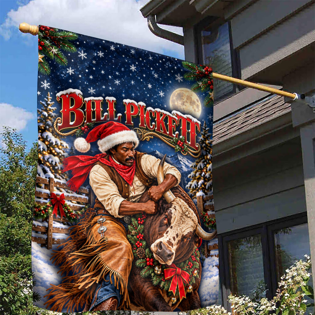 Bill Pickett Christmas Bull Rider Garden Flag Snowy Winter Western Rodeo Night Art
