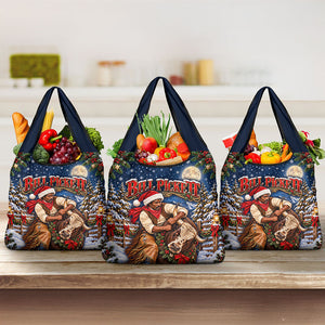 Bill Pickett Christmas Bull Rider Grocery Bag Snowy Winter Western Rodeo Night Art