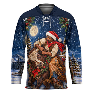 Bill Pickett Christmas Bull Rider Hockey Jersey Snowy Winter Western Rodeo Night Art