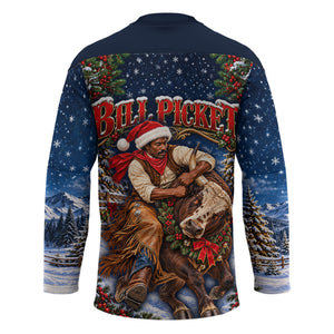 Bill Pickett Christmas Bull Rider Hockey Jersey Snowy Winter Western Rodeo Night Art