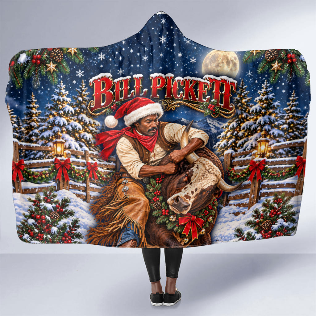 Bill Pickett Christmas Bull Rider Hooded Blanket Snowy Winter Western Rodeo Night Art