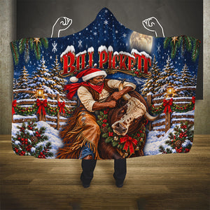 Bill Pickett Christmas Bull Rider Hooded Blanket Snowy Winter Western Rodeo Night Art