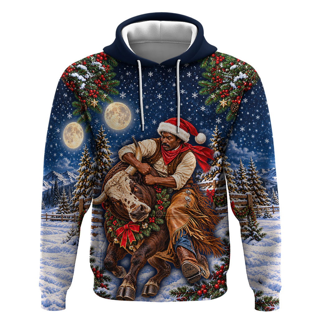 Bill Pickett Christmas Bull Rider Hoodie Snowy Winter Western Rodeo Night Art