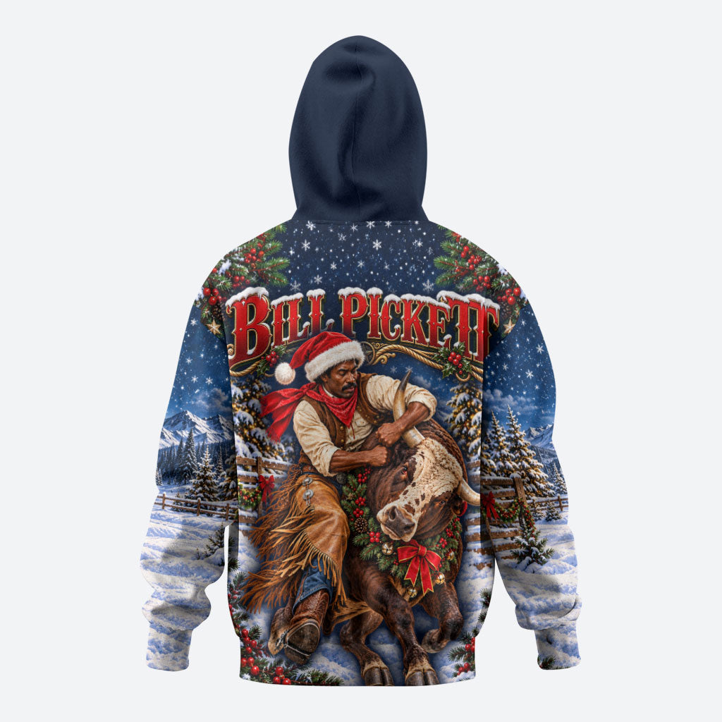 Bill Pickett Christmas Bull Rider Hoodie Snowy Winter Western Rodeo Night Art