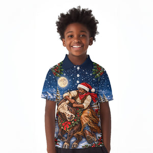 Bill Pickett Christmas Bull Rider Kid Polo Shirt Snowy Winter Western Rodeo Night Art