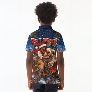 Bill Pickett Christmas Bull Rider Kid Polo Shirt Snowy Winter Western Rodeo Night Art