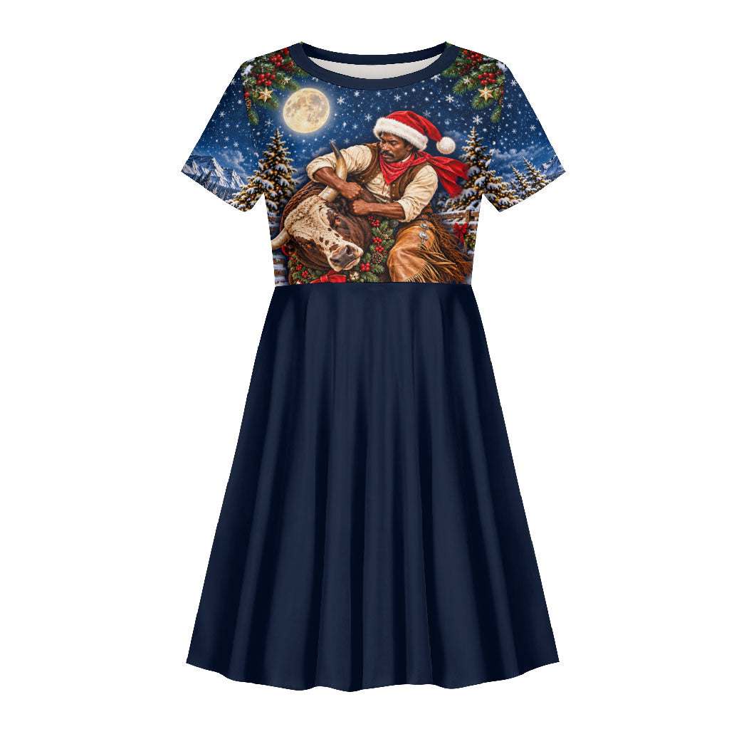 Bill Pickett Christmas Bull Rider Kid Short Sleeve Dress Snowy Winter Western Rodeo Night Art