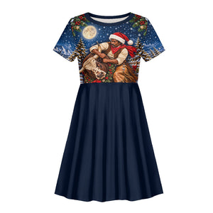 Bill Pickett Christmas Bull Rider Kid Short Sleeve Dress Snowy Winter Western Rodeo Night Art