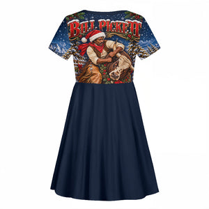 Bill Pickett Christmas Bull Rider Kid Short Sleeve Dress Snowy Winter Western Rodeo Night Art