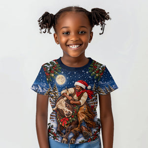 Bill Pickett Christmas Bull Rider Kid T shirt Snowy Winter Western Rodeo Night Art