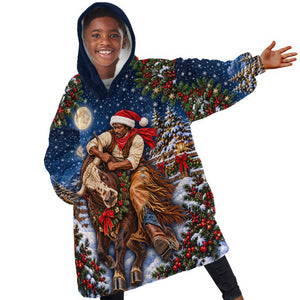 Bill Pickett Christmas Bull Rider Kid Wearable Blanket Hoodie Snowy Winter Western Rodeo Night Art