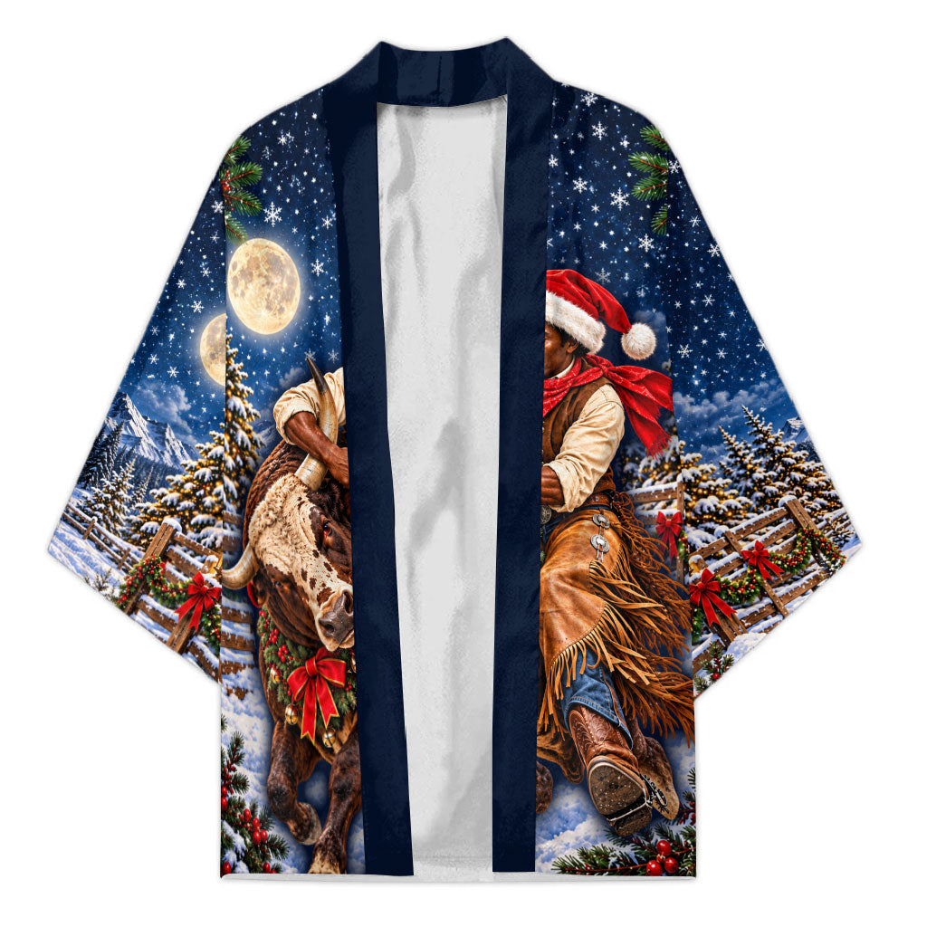 Bill Pickett Christmas Bull Rider Kimono Snowy Winter Western Rodeo Night Art