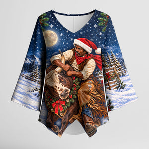 Bill Pickett Christmas Bull Rider Kimono Sleeve Blouse Snowy Winter Western Rodeo Night Art