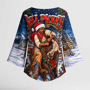 Bill Pickett Christmas Bull Rider Kimono Sleeve Blouse Snowy Winter Western Rodeo Night Art