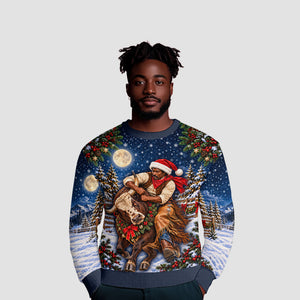 Bill Pickett Christmas Bull Rider Ugly Christmas Sweater Snowy Winter Western Rodeo Night Art