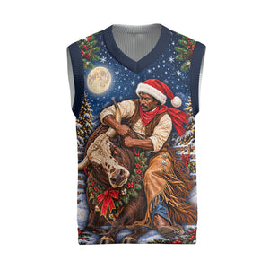 Bill Pickett Christmas Bull Rider Christmas Knitted V-Neck Vest Snowy Winter Western Rodeo Night Art