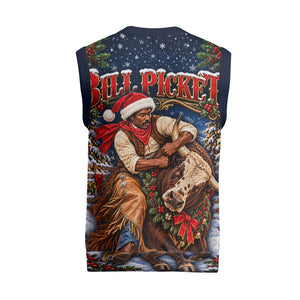 Bill Pickett Christmas Bull Rider Christmas Knitted V-Neck Vest Snowy Winter Western Rodeo Night Art