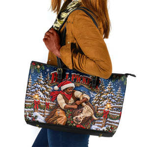 Bill Pickett Christmas Bull Rider Leather Tote Bag Snowy Winter Western Rodeo Night Art