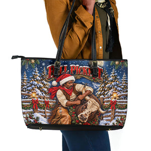 Bill Pickett Christmas Bull Rider Leather Tote Bag Snowy Winter Western Rodeo Night Art
