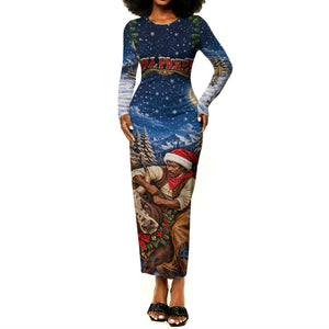 Bill Pickett Christmas Bull Rider Long Sleeve Bodycon Dress Snowy Winter Western Rodeo Night Art