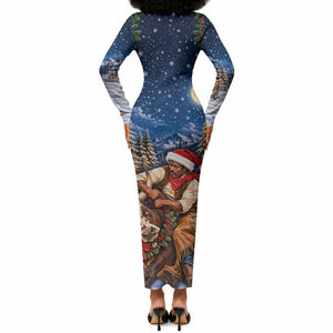 Bill Pickett Christmas Bull Rider Long Sleeve Bodycon Dress Snowy Winter Western Rodeo Night Art