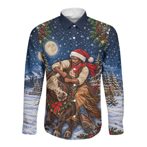 Bill Pickett Christmas Bull Rider Long Sleeve Button Shirt Snowy Winter Western Rodeo Night Art