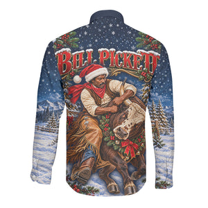Bill Pickett Christmas Bull Rider Long Sleeve Button Shirt Snowy Winter Western Rodeo Night Art