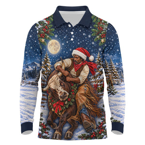 Bill Pickett Christmas Bull Rider Long Sleeve Polo Shirt Snowy Winter Western Rodeo Night Art