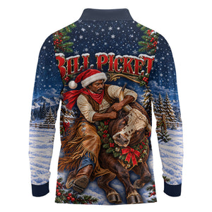 Bill Pickett Christmas Bull Rider Long Sleeve Polo Shirt Snowy Winter Western Rodeo Night Art