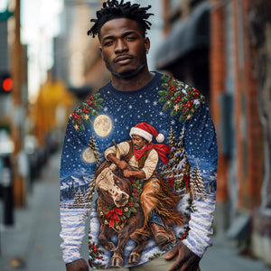 Bill Pickett Christmas Bull Rider Long Sleeve Shirt Snowy Winter Western Rodeo Night Art