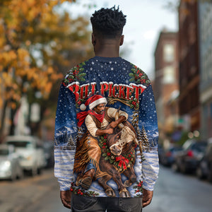 Bill Pickett Christmas Bull Rider Long Sleeve Shirt Snowy Winter Western Rodeo Night Art
