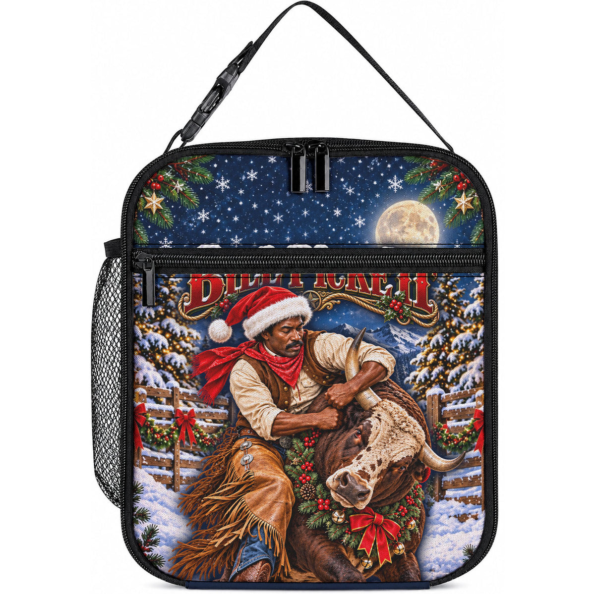 Bill Pickett Christmas Bull Rider Lunch Bag Snowy Winter Western Rodeo Night Art