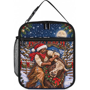 Bill Pickett Christmas Bull Rider Lunch Bag Snowy Winter Western Rodeo Night Art
