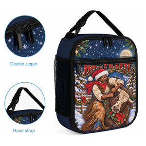 Bill Pickett Christmas Bull Rider Lunch Bag Snowy Winter Western Rodeo Night Art