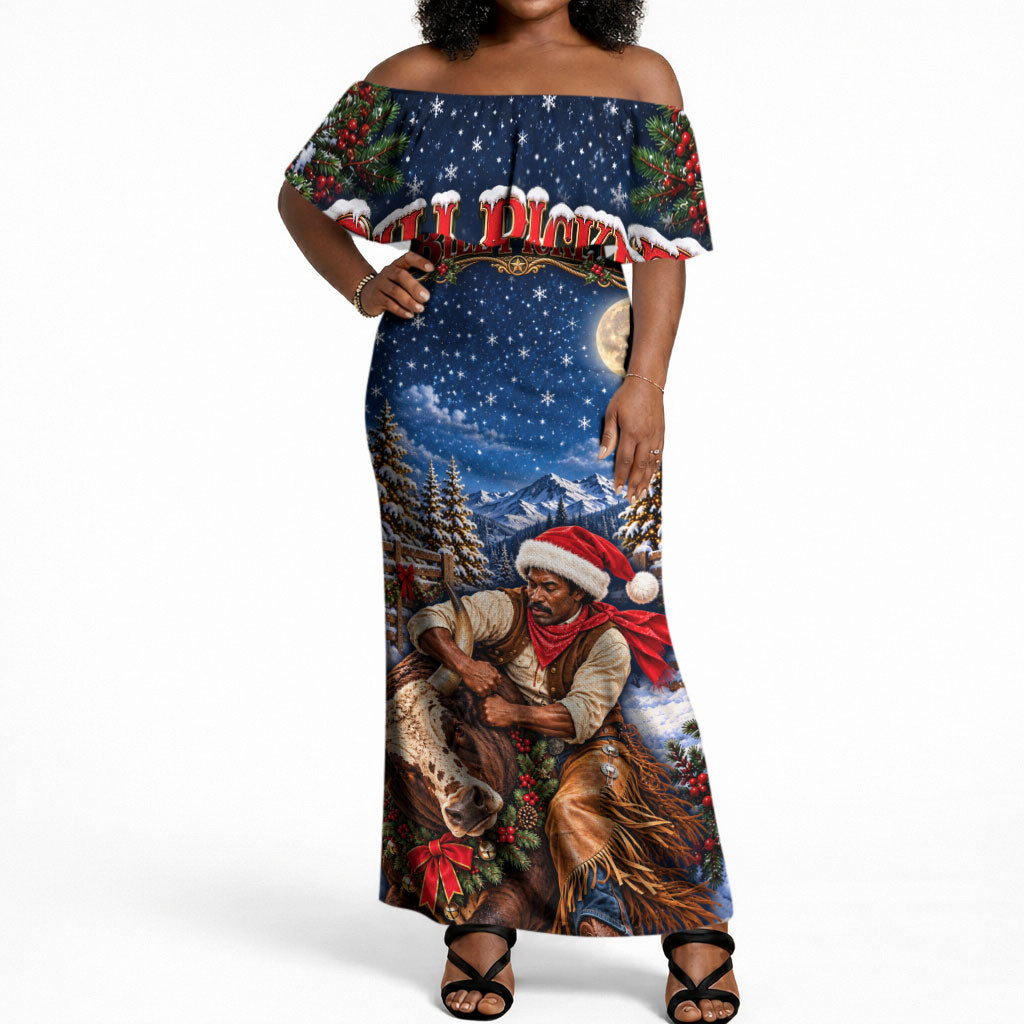 Bill Pickett Christmas Bull Rider Off Shoulder Maxi Dress Snowy Winter Western Rodeo Night Art