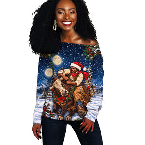 Bill Pickett Christmas Bull Rider Off Shoulder Sweater Snowy Winter Western Rodeo Night Art