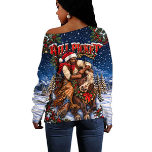 Bill Pickett Christmas Bull Rider Off Shoulder Sweater Snowy Winter Western Rodeo Night Art