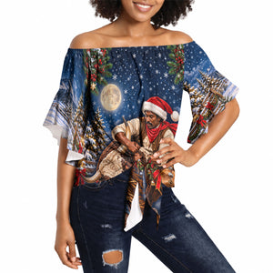 Bill Pickett Christmas Bull Rider Off Shoulder Wrap Waist Top Snowy Winter Western Rodeo Night Art