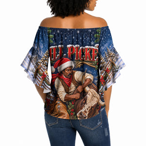 Bill Pickett Christmas Bull Rider Off Shoulder Wrap Waist Top Snowy Winter Western Rodeo Night Art