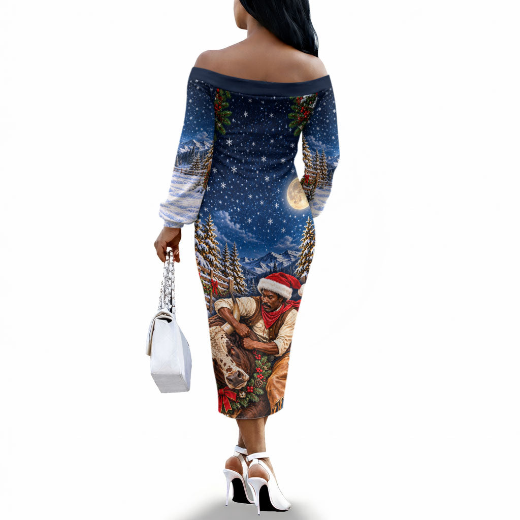 Bill Pickett Christmas Bull Rider Off The Shoulder Long Sleeve Dress Snowy Winter Western Rodeo Night Art