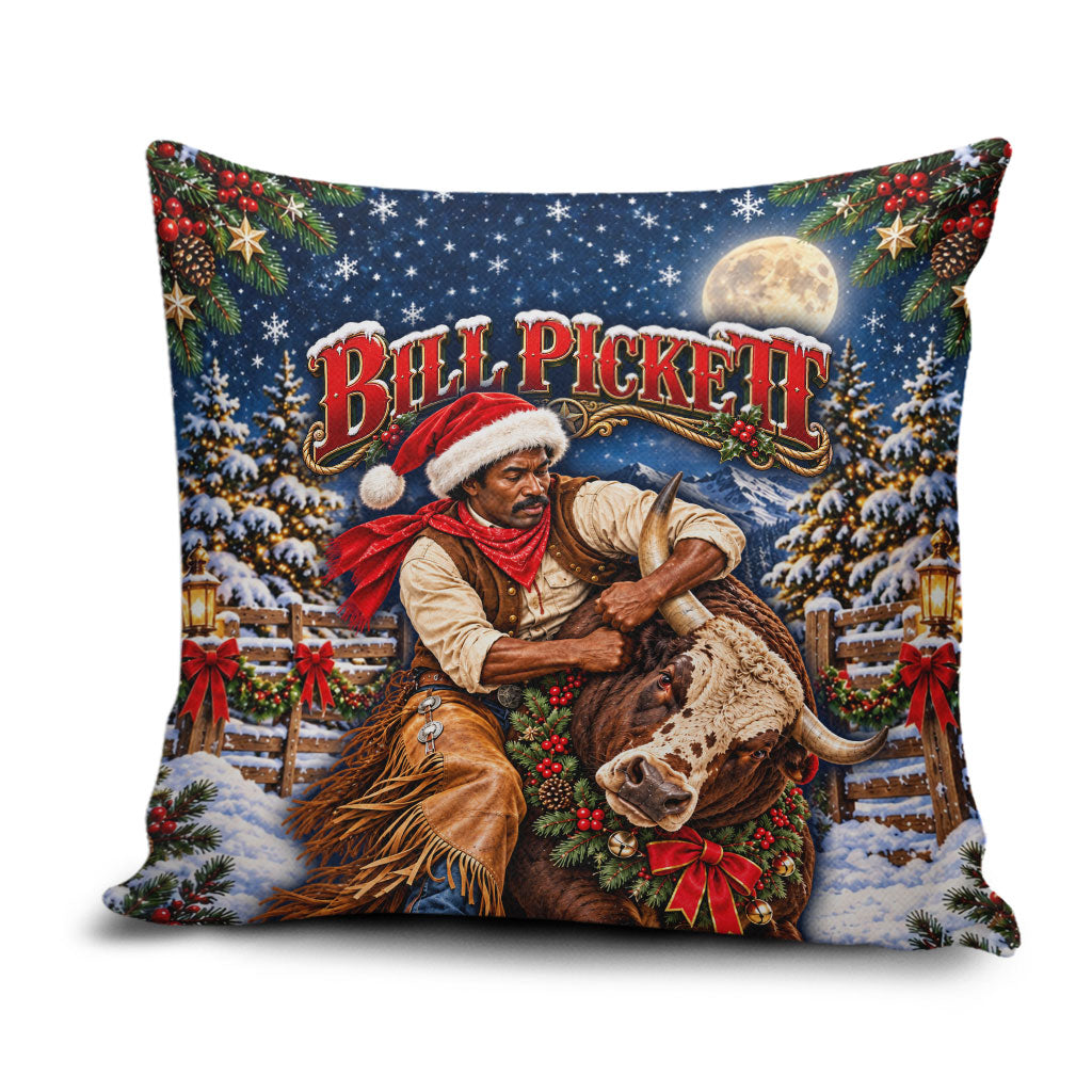 Bill Pickett Christmas Bull Rider Pillow Cover Snowy Winter Western Rodeo Night Art