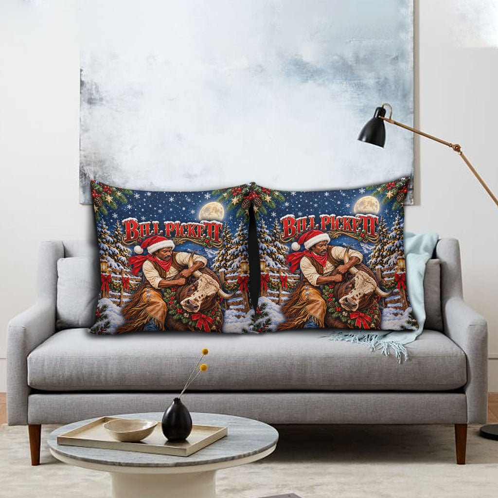Bill Pickett Christmas Bull Rider Pillow Cover Snowy Winter Western Rodeo Night Art