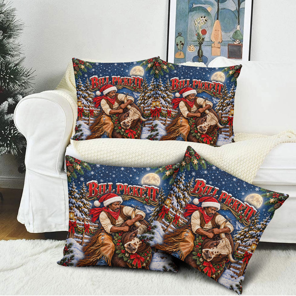 Bill Pickett Christmas Bull Rider Pillow Cover Snowy Winter Western Rodeo Night Art