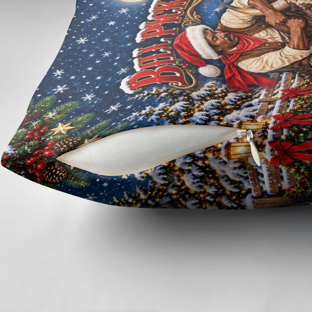 Bill Pickett Christmas Bull Rider Pillow Cover Snowy Winter Western Rodeo Night Art