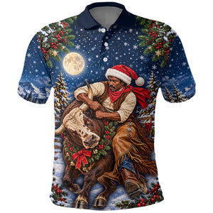 Bill Pickett Christmas Bull Rider Polo Shirt Snowy Winter Western Rodeo Night Art