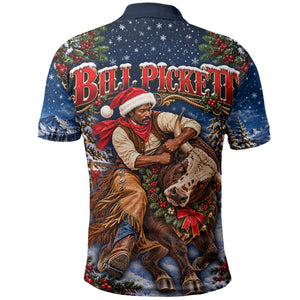 Bill Pickett Christmas Bull Rider Polo Shirt Snowy Winter Western Rodeo Night Art