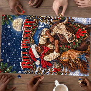 Bill Pickett Christmas Bull Rider Puzzle Snowy Winter Western Rodeo Night Art